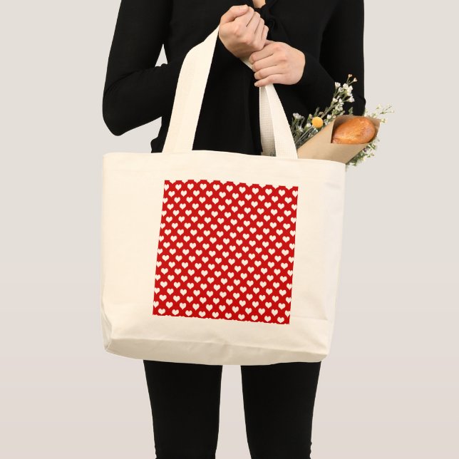 Red and White Heart Pattern Fabric  Large Tote Bag (Front (Product))