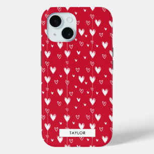 Red and White Heart Pattern Monogram Name iPhone 15 Case