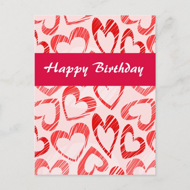 Red and white hearts Birthday Postcard (Front)
