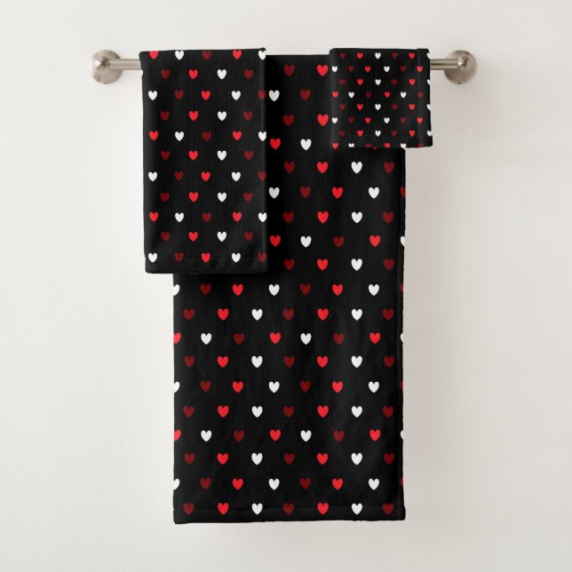 Red and white hearts on black bath towel set (Insitu)