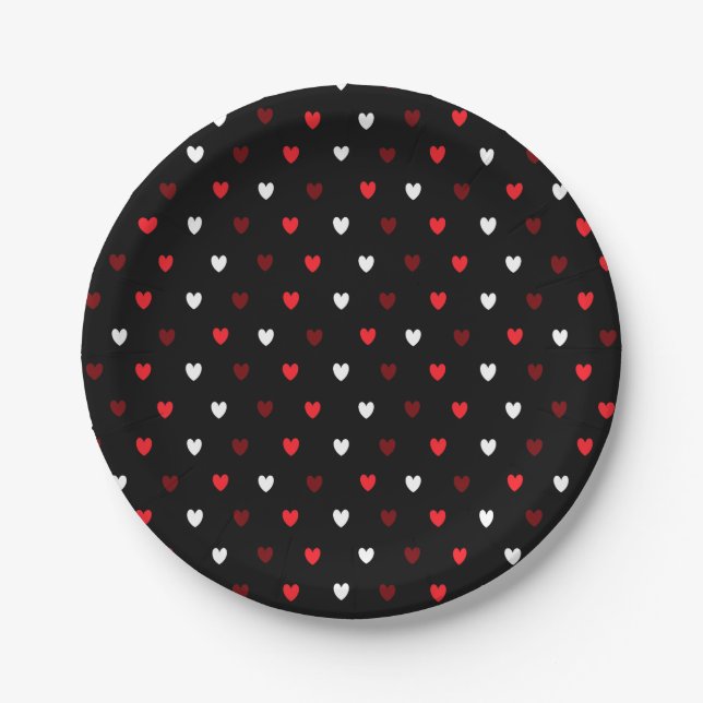 Red and white hearts on black paper plate (Front)