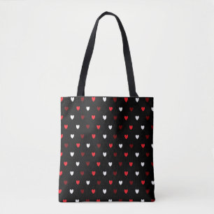 Red and white hearts on black tote bag