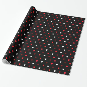 Red and white hearts on black wrapping paper