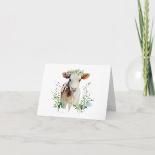 Red and White Heifer (Cow) with Flowers BLANK  Card