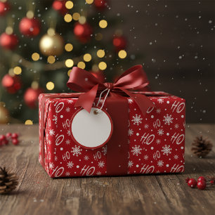 Red and White Ho Ho Ho Snowflake Pattern Wrapping Paper