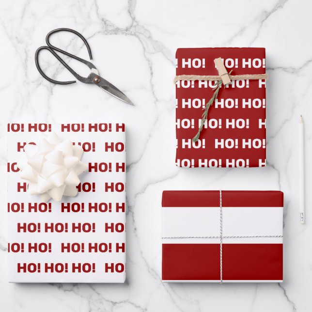 Red and White Ho Ho Ho! Stripes Wrapping Paper Sheet (Front)