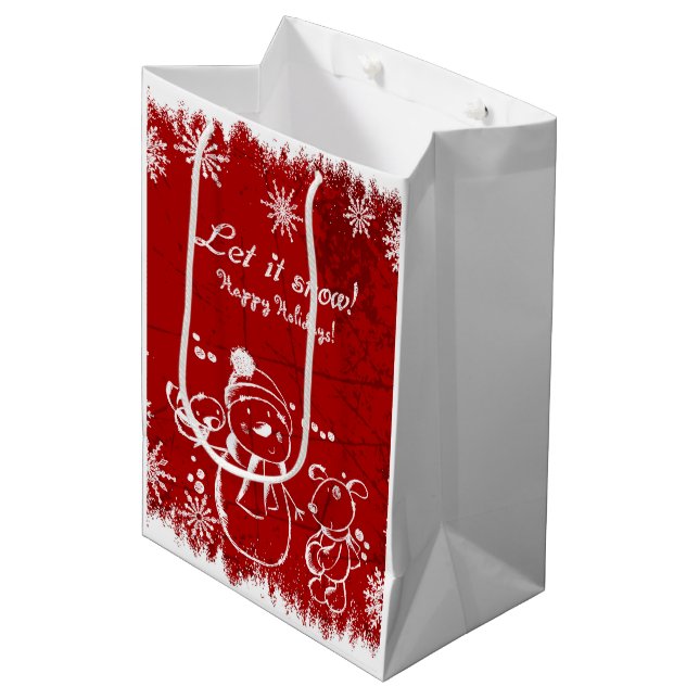 Red And White Holiday Illustration Medium Gift Bag (Front Angled)