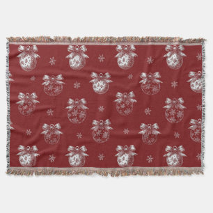 Red and White Holiday Ornament Toile De Jouy Throw Blanket