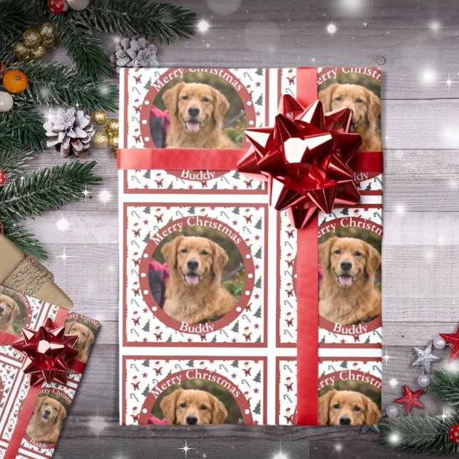 Red and White Holiday Pet Photo Wrapping Paper (Creator Uploaded)