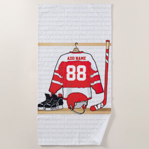 Red and White Ice Hockey Jersey Birthday Party Beach Towel