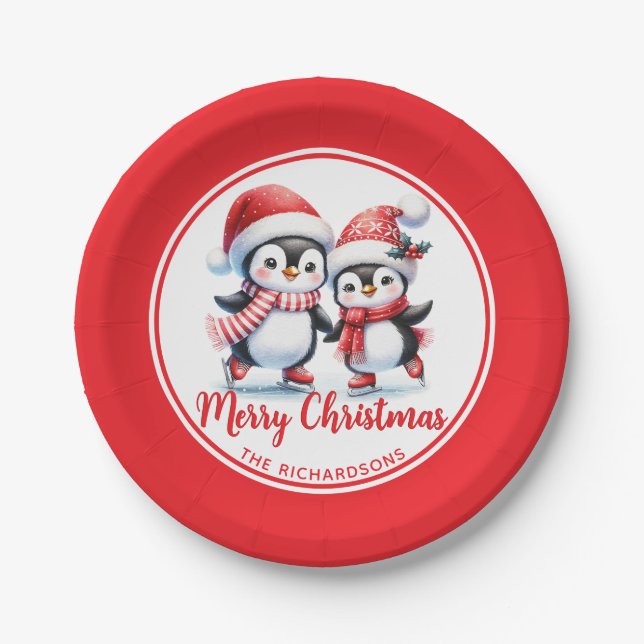 Red and White Ice Skating Penguins Merry Christmas Paper Plate (Front)