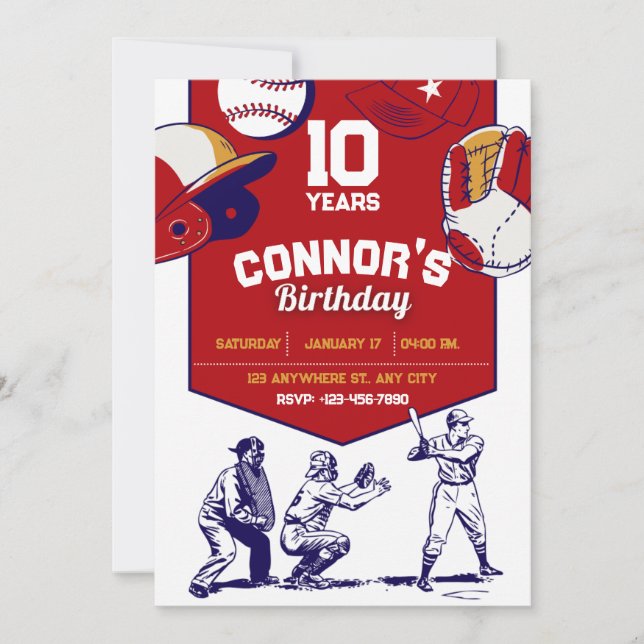 Red and White illustrated baseball birthday party  Invitation (Front)