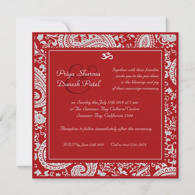 Red and white indian damask Hindu wedding Invitation (Front)