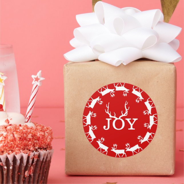 Red and White Joy Deer Antler Christmas Holiday Classic Round Sticker (Party)