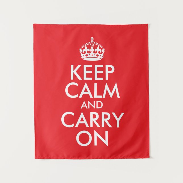 Red and White Keep Calm and Carry On Tapestry (Front)