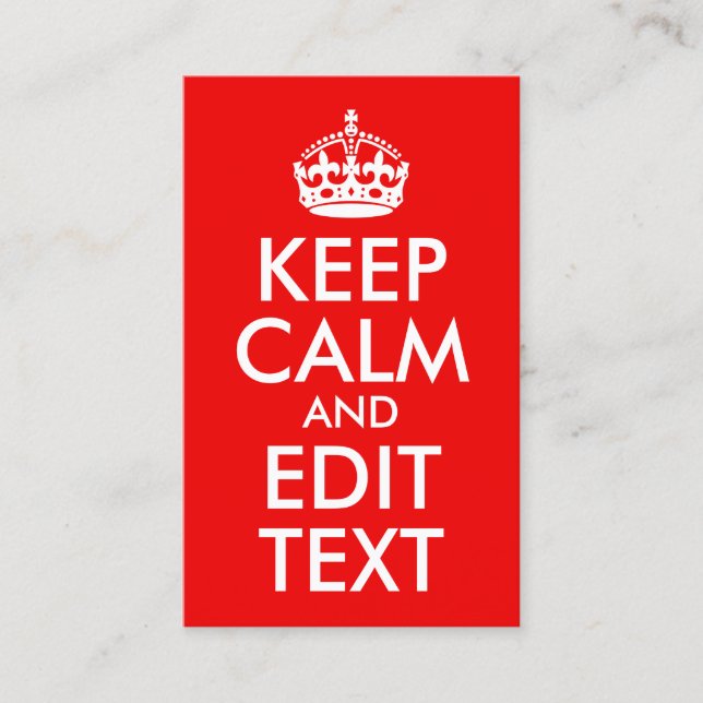 Red and White Keep Calm and Edit Text Business Card (Front)