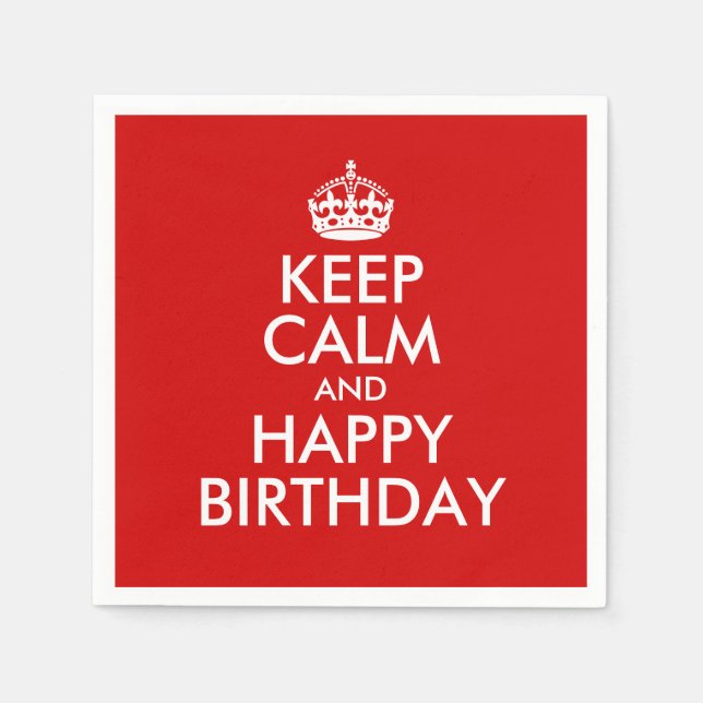 Red and White Keep Calm and Happy Birthday Napkin (Front)