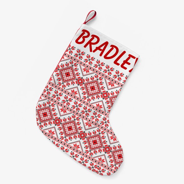 Red and White Knitted Pattern Christmas Stocking (Front (Hanging))