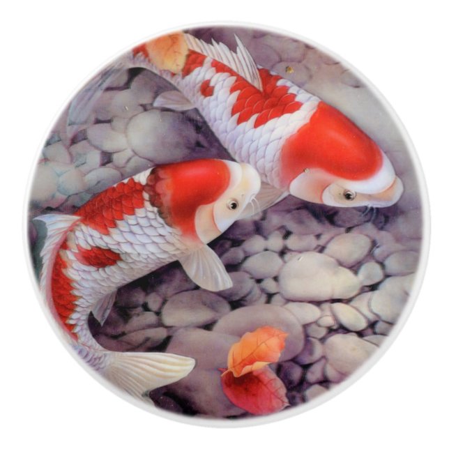 Red and White Koi Fish Pond Ceramic Knob (Front)
