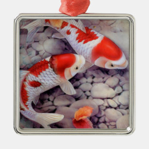 Red and White Koi Fish Pond Metal Tree Decoration