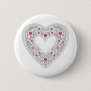 Red and White Lace Heart 6 Cm Round Badge
