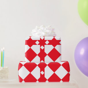 Red and White Large Chequerboard Diamond Pattern Wrapping Paper