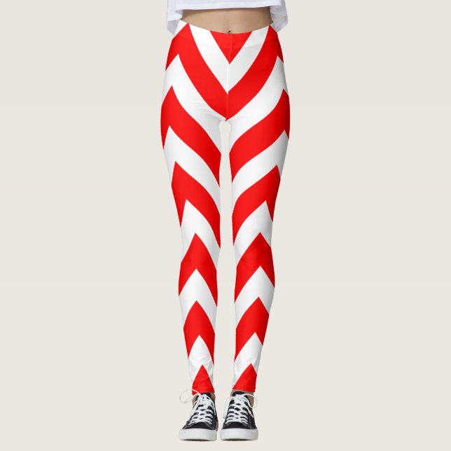 Red and White Large Size Chevron Leggings (Front)