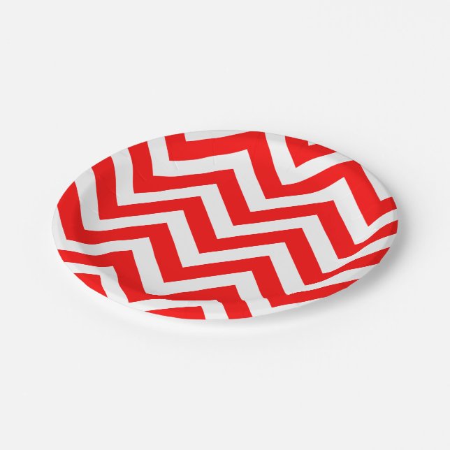 Red and White Large Size Chevron Stripes Paper Plate (Angled)