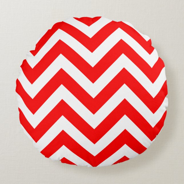 Red and White Large Size Chevron Stripes Round Cushion (Front)