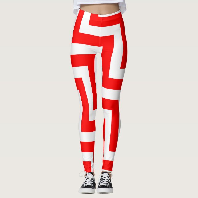 Red and White Large Size Diagonal Chevron Leggings (Front)