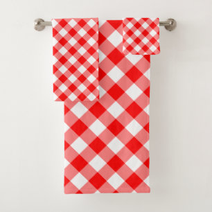 Red and White Large Size Diagonal Gingham Checks Bath Towel Set