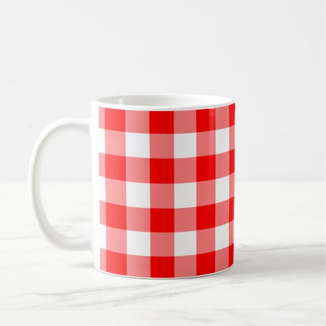 Red and White Large Size Gingham Checks Coffee Mug (Left)