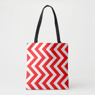 Red and White Large Size Vertical Chevron Stripes Tote Bag