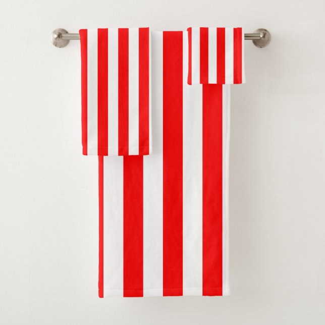 Red and White Large Size Vertical Stripes Bath Towel Set (Insitu)