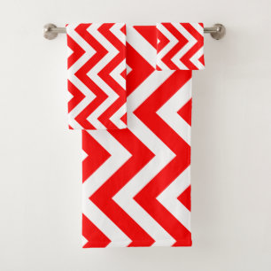 Red and White Large Vertical Chevron Stripes Bath Towel Set
