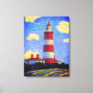 Red and White Lighthouse above Lavender fields  Canvas Print
