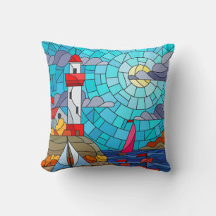 Red and White Lighthouse and Ships Cushion