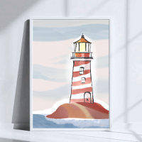 Red and White Lighthouse | Beach Ocean Watercolor