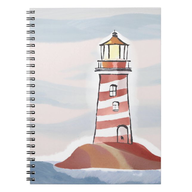 Red and White Lighthouse | Beachy Ocean Watercolor Notebook (Front)