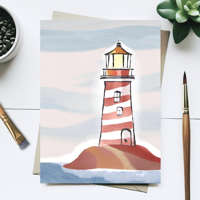 Red and White Lighthouse | Beachy Ocean Watercolor Postcard (Creator Uploaded)
