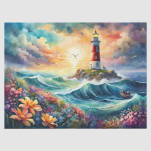 Red and white Lighthouse Floral garden Stormy Sea Tissue Paper