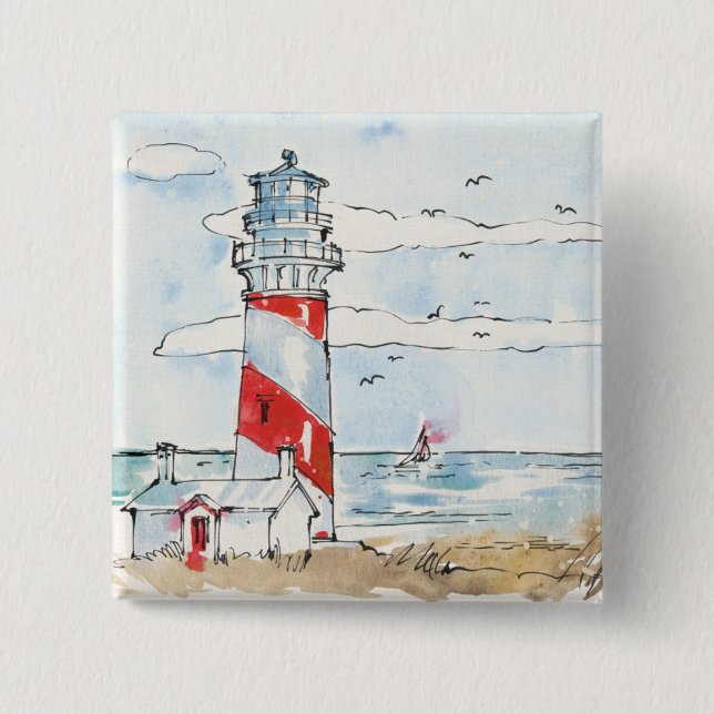 Red and White Lighthouse Scene 15 Cm Square Badge (Front)