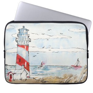 Red and White Lighthouse Scene Laptop Sleeve