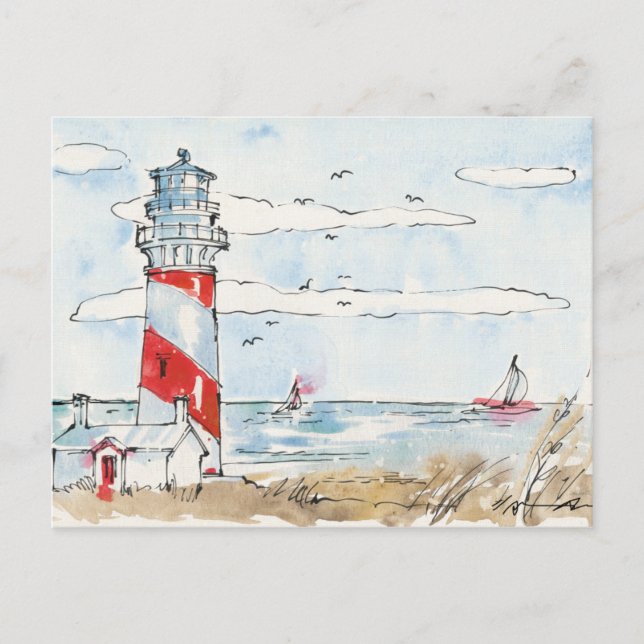 Red and White Lighthouse Scene Postcard (Front)