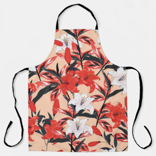 Red and white Lily flowers botanical seamless patt Apron