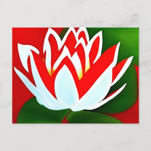 Red and white lotus  flower with green leaves postcard