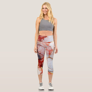 Red and White Marble Elegance Capri Leggings