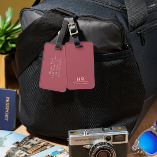 Red and White Masculine Monogram Initials + Name Luggage Tag