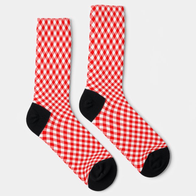 Red and White Medium Diagonal Gingham Checks Socks (Right)