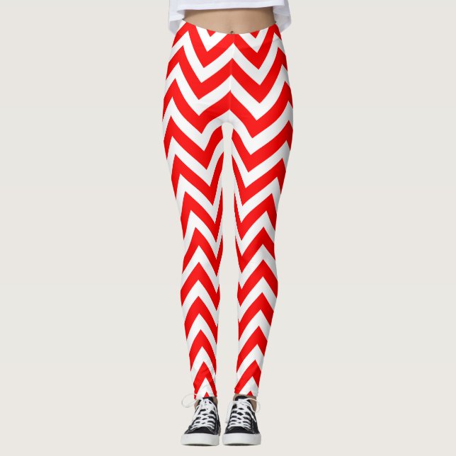 Red and White Medium Size Chevron Leggings (Front)
